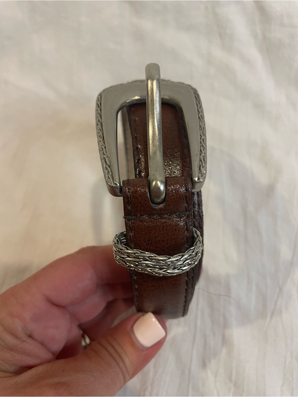 Vintage Brown Leather Belt Woven Silver Buckle Boho Western Rustic Claiborne M